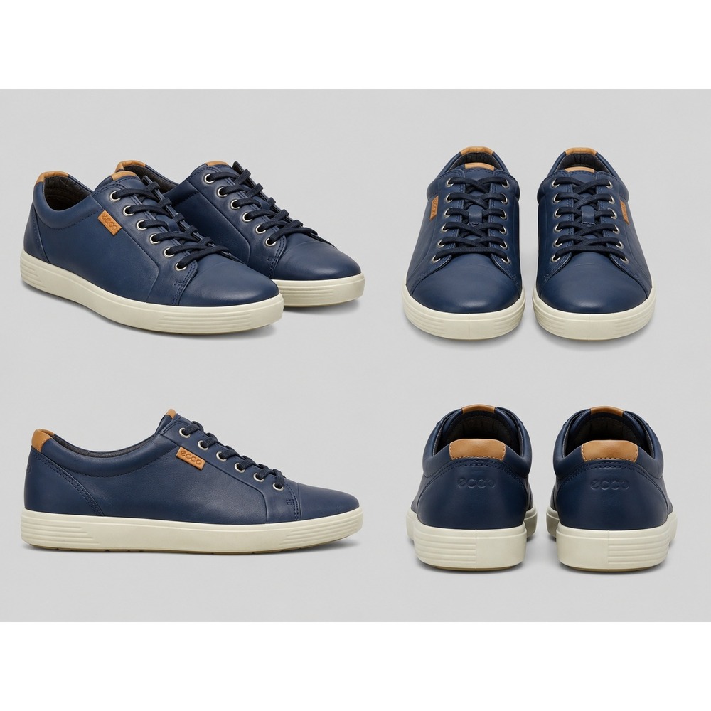 Ecco Soft 7 Mens Navy Blue Leather Low Top Sneakers Extra Width Size 46